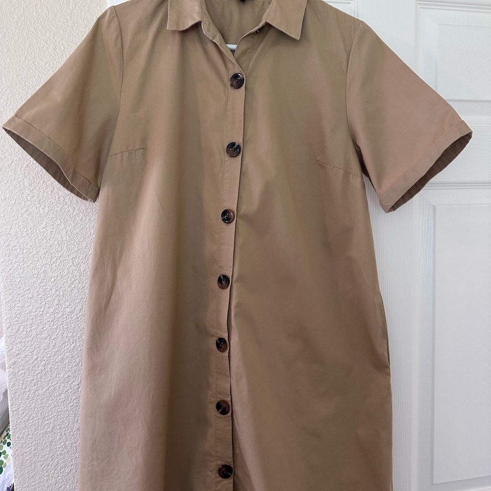 Who What Wear Short-Sleeve Button Front Mini Dress in Tan